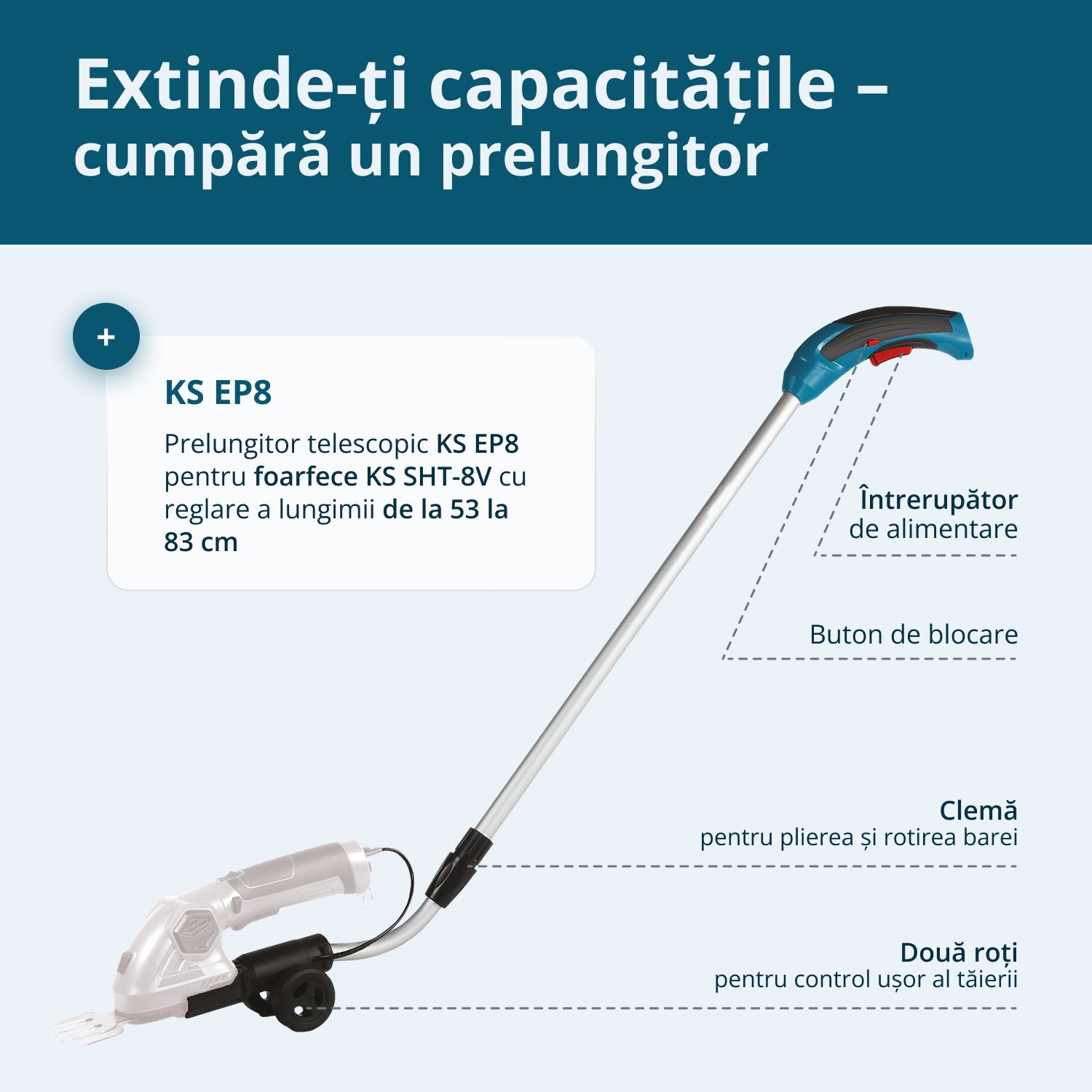 Foarfecă 2 în 1 pentru iarbă și gard viu cu stâlp de extensie telescopic KS SHT-8V + Extension Pole
