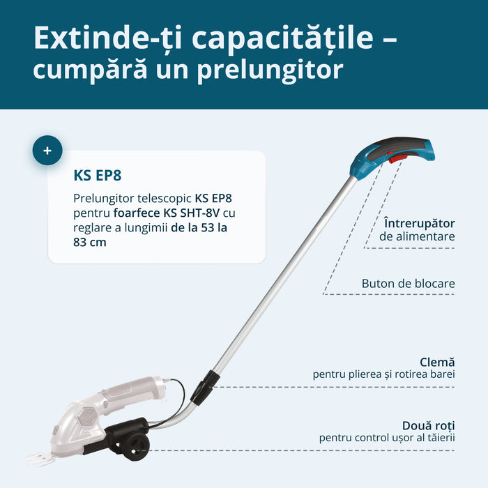 Foarfecă 2 în 1 pentru iarbă și gard viu cu stâlp de extensie telescopic KS SHT-8V + Extension Pole